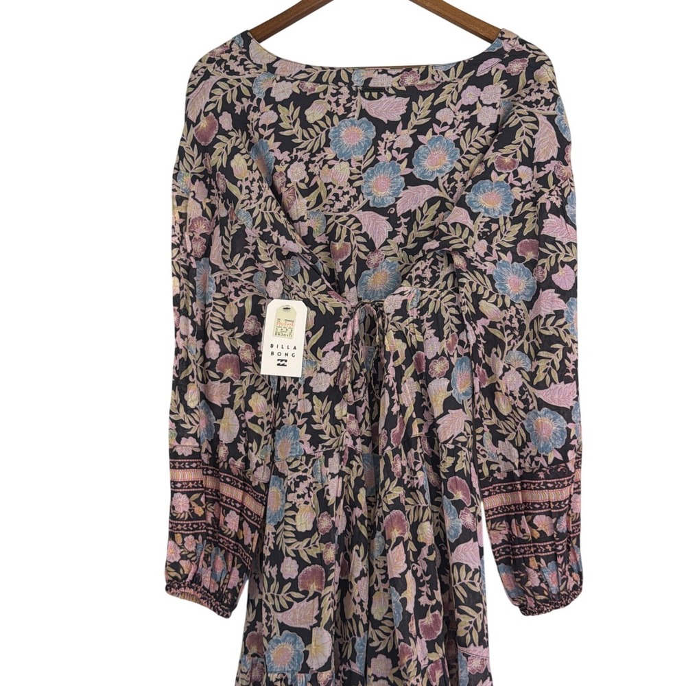 Billabong Floral Midi Dress Black Pink Boho Long Sleeve Womens M NWT - Picture 8 of 15